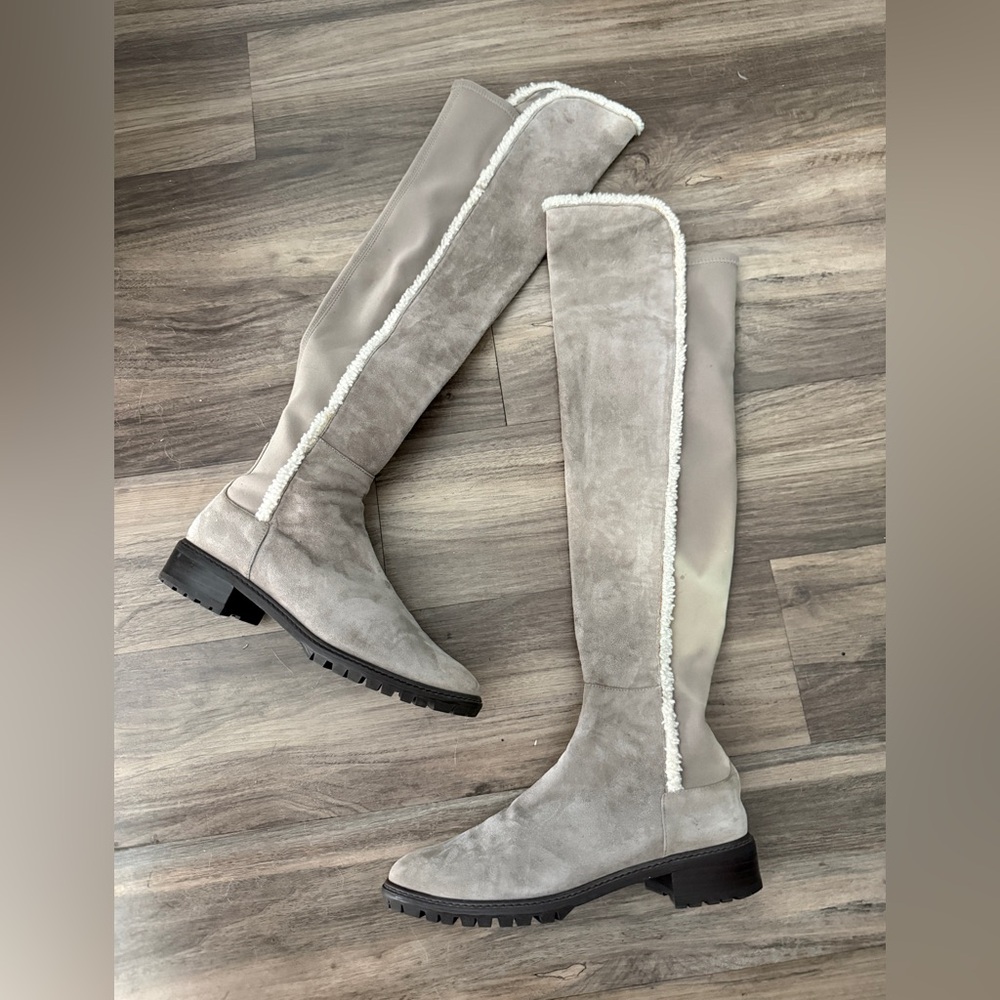 Over-the-Knee Suede Riding Boots with Shearling Trim - Light Gray AS IS